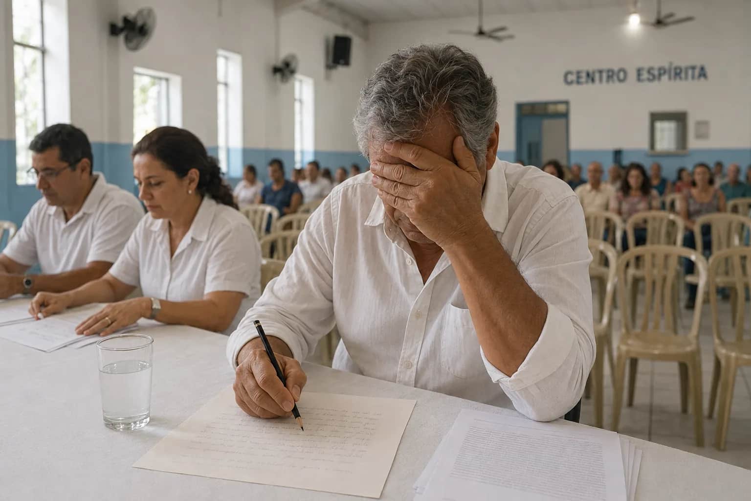 Escena ilustrativa de un médium escribiendo una carta, con la mano sobre los ojos, en un centro espírita.