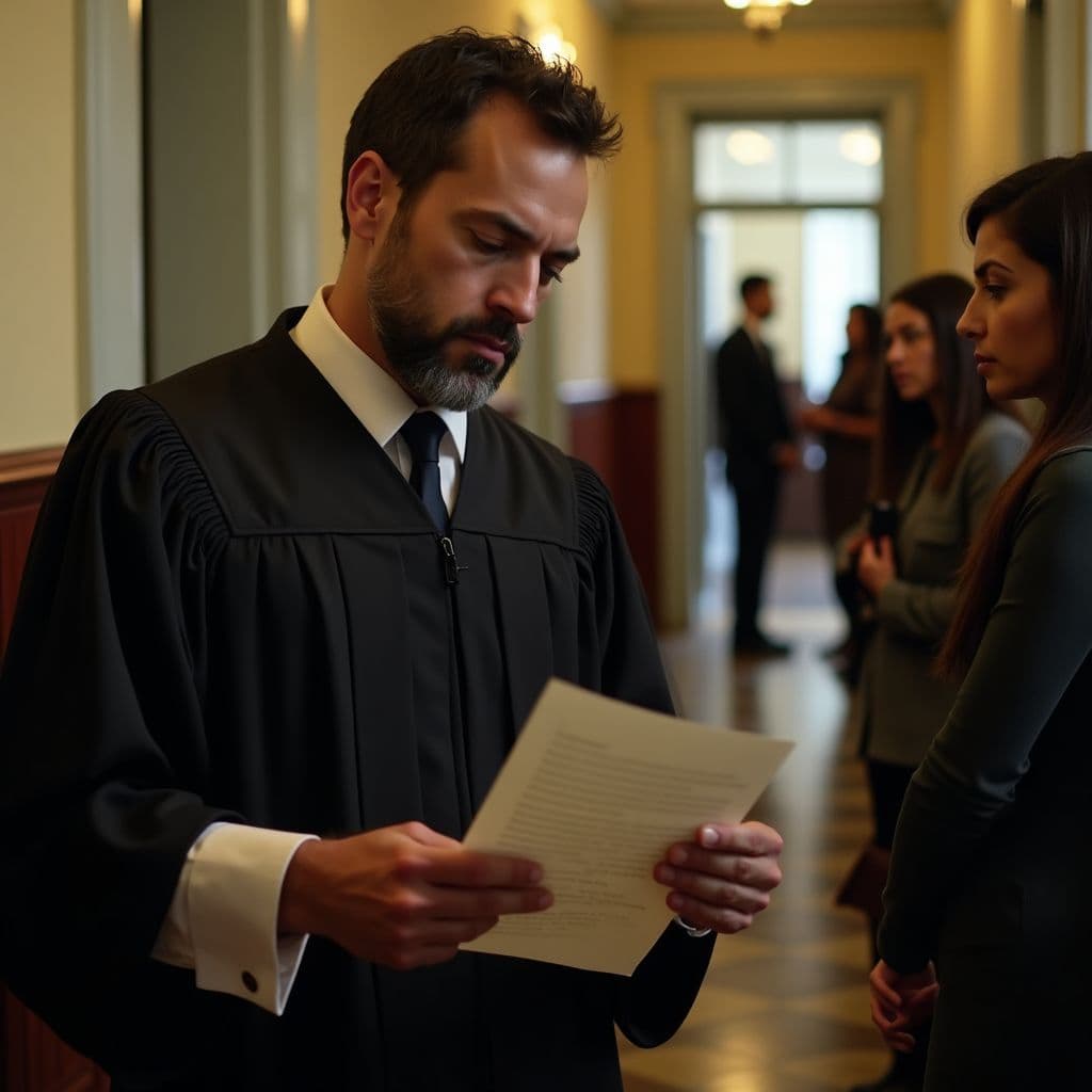 A court decision on channeled letters in the Brazilian system A judge reviews a channeled letter with a family in the corridor of a Brazilian courthouse