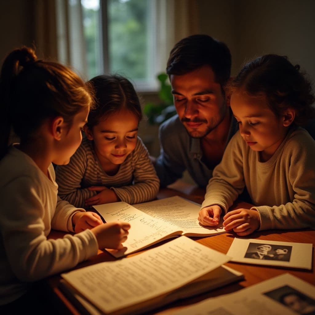 Cómo confirmar la autenticidad de las cartas psicografiadas en familia Una familia compara una carta psicografiada auténtica con fotos antiguas en casa