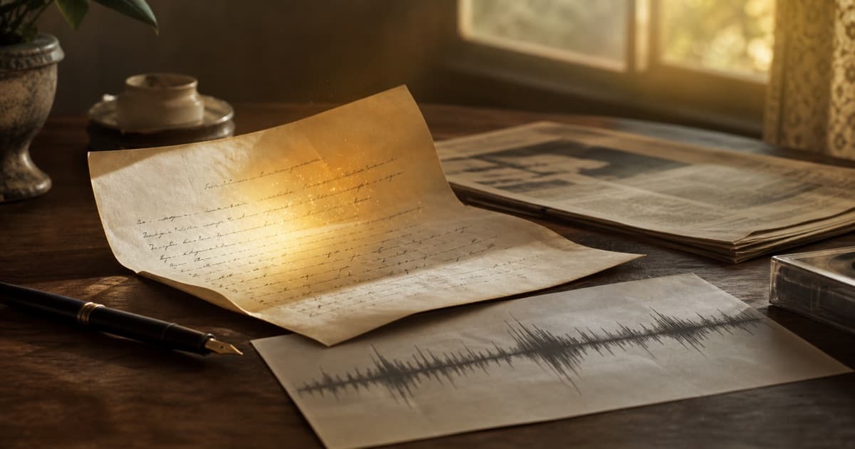 Carta psicografada de Ana Paula Arósio: relato, fatos e contexto Carta manuscrita e onda de áudio simbolizam o relato sobre Ana Paula Arósio e Luiz Carlos Tjurs