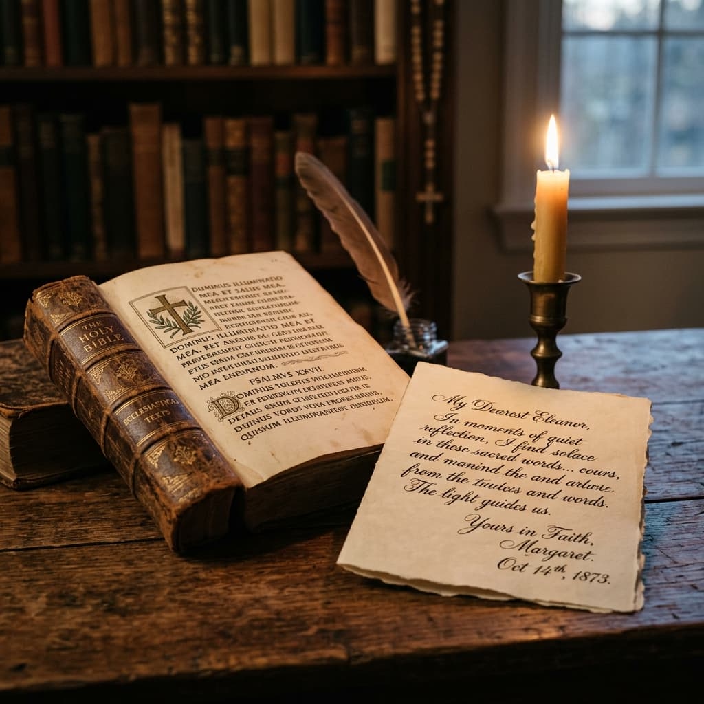 La espiritualidad a través de textos sagrados y mensajes consoladores Libro de fe antiguo abierto junto a una hermosa carta y un cirio luminoso, simbolizando espiritualidad y oración continua