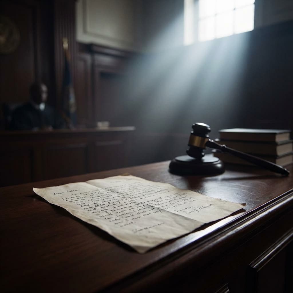 Channeled letters accepted as judicial evidence in Brazilian courts Jury court with a channeled letter as evidence on the table