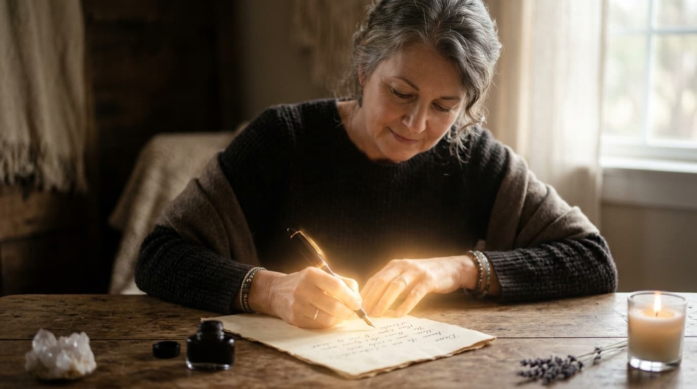 Como funciona uma carta psicografada segundo o Espiritismo Médium em concentração escrevendo carta psicografada com serenidade