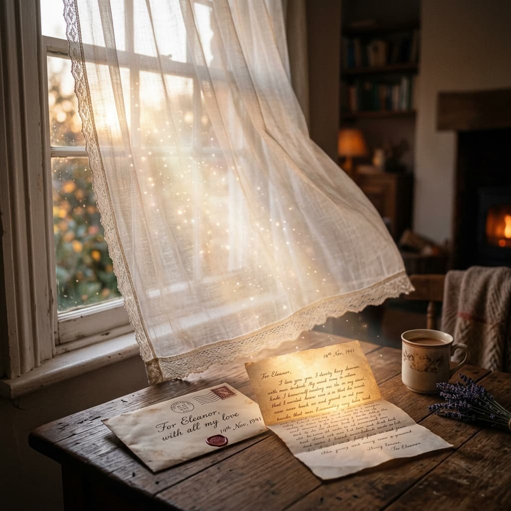 Como receber mensagem de ente querido que faleceu Delicada luz espiritual iluminando uma carta de amor sobre uma mesa de madeira