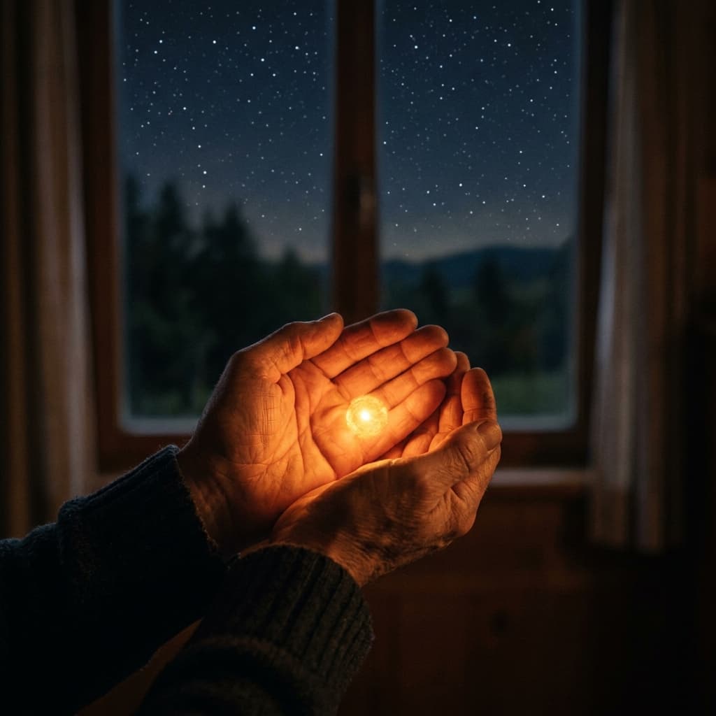 Sintonía espiritual y oración en el duelo Manos serenas abrigando una pequeña luz dorada y brillante bajo el cielo estrellado