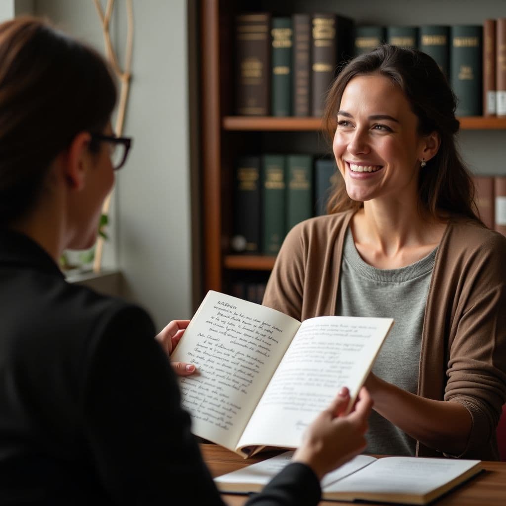 Apoio especializado para interpretar cartas psicografadas Conselheira espiritual orienta mulher na interpretação de carta psicografada