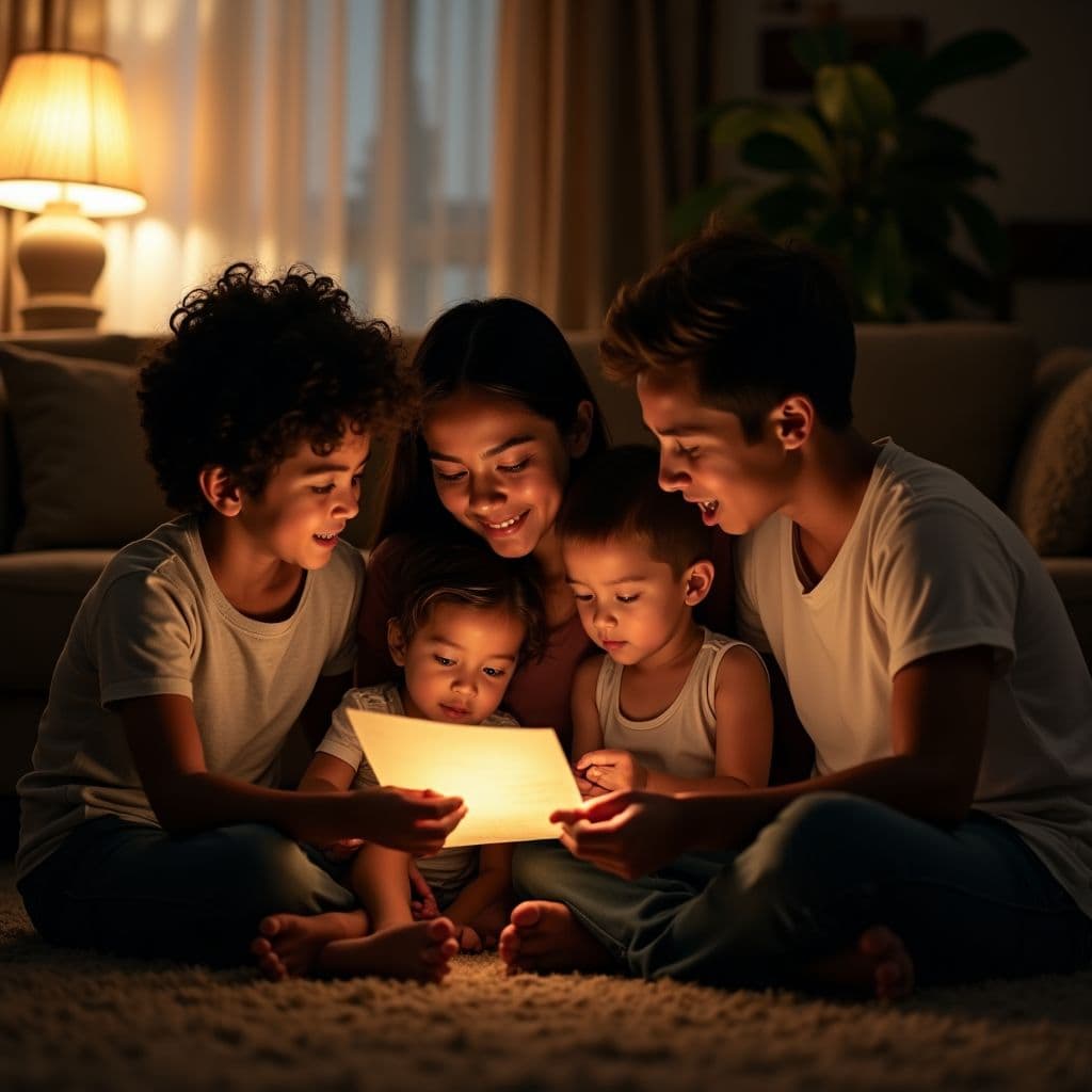 The channeled letter as emotional and spiritual support for the family A family gathered reading an illuminated letter in a welcoming setting, symbolizing comfort after a channeled letter
