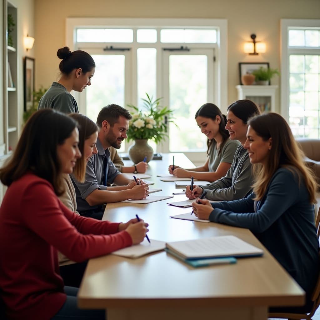 How to request a channeled letter at a trustworthy Spiritist center Welcoming assistance at the reception of a Spiritist center with volunteers giving guidance on channeled letters