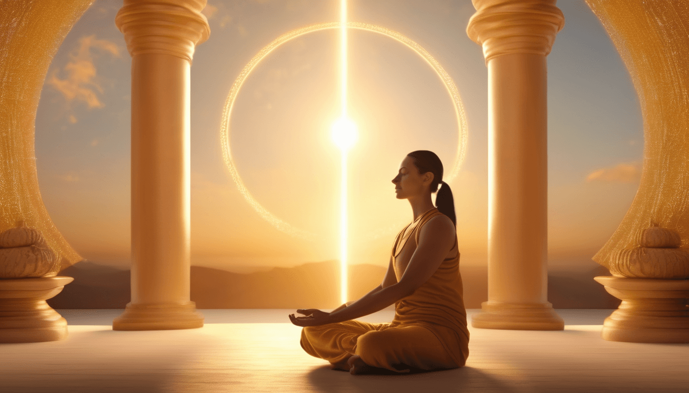 Meditación y conexión espiritual con seres queridos Persona meditando con luz dorada a su alrededor representando conexión espiritual