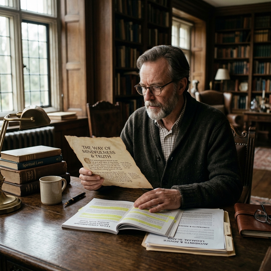 Homem reflexivo analisando cuidadosamente documentos legais focados em proteção espiritual
