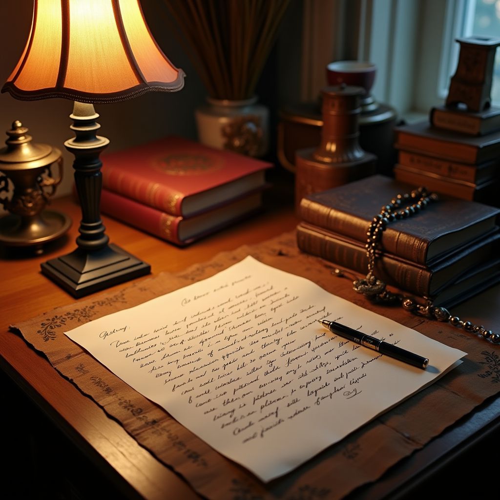 Mesa com livros espíritas, carta psicografada e incenso organizados com cuidado