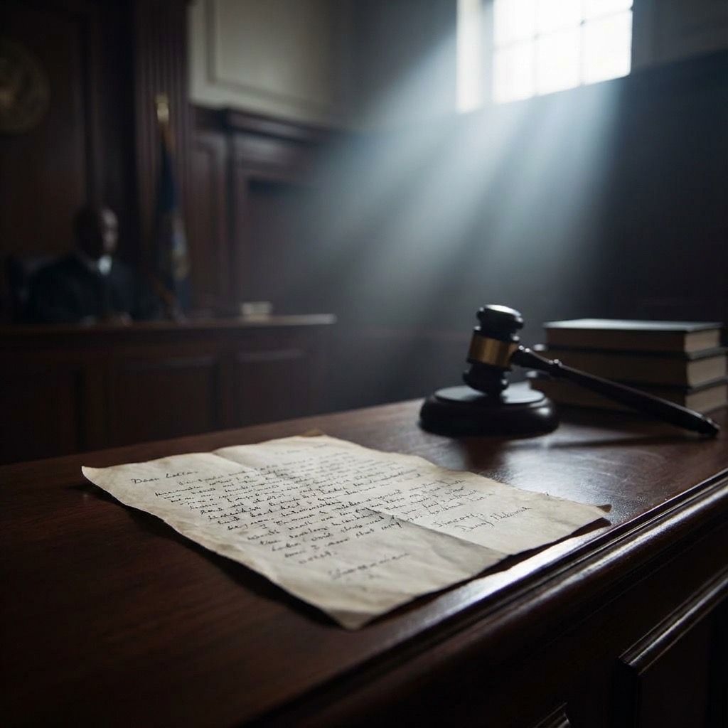 Tribunal do Júri com carta psicografada como prova sobre a mesa