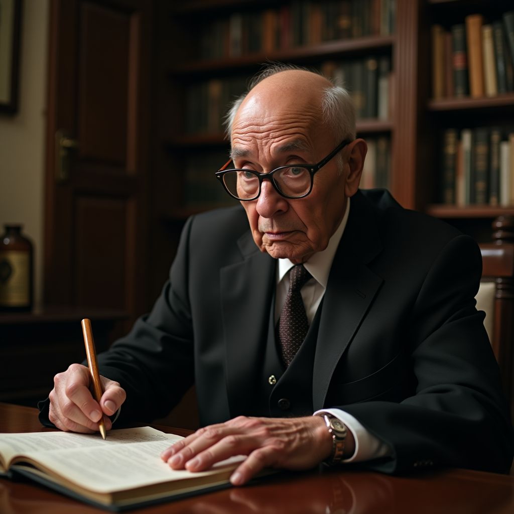 Retrato realista inspirado em Chico Xavier psicografando carta consoladora