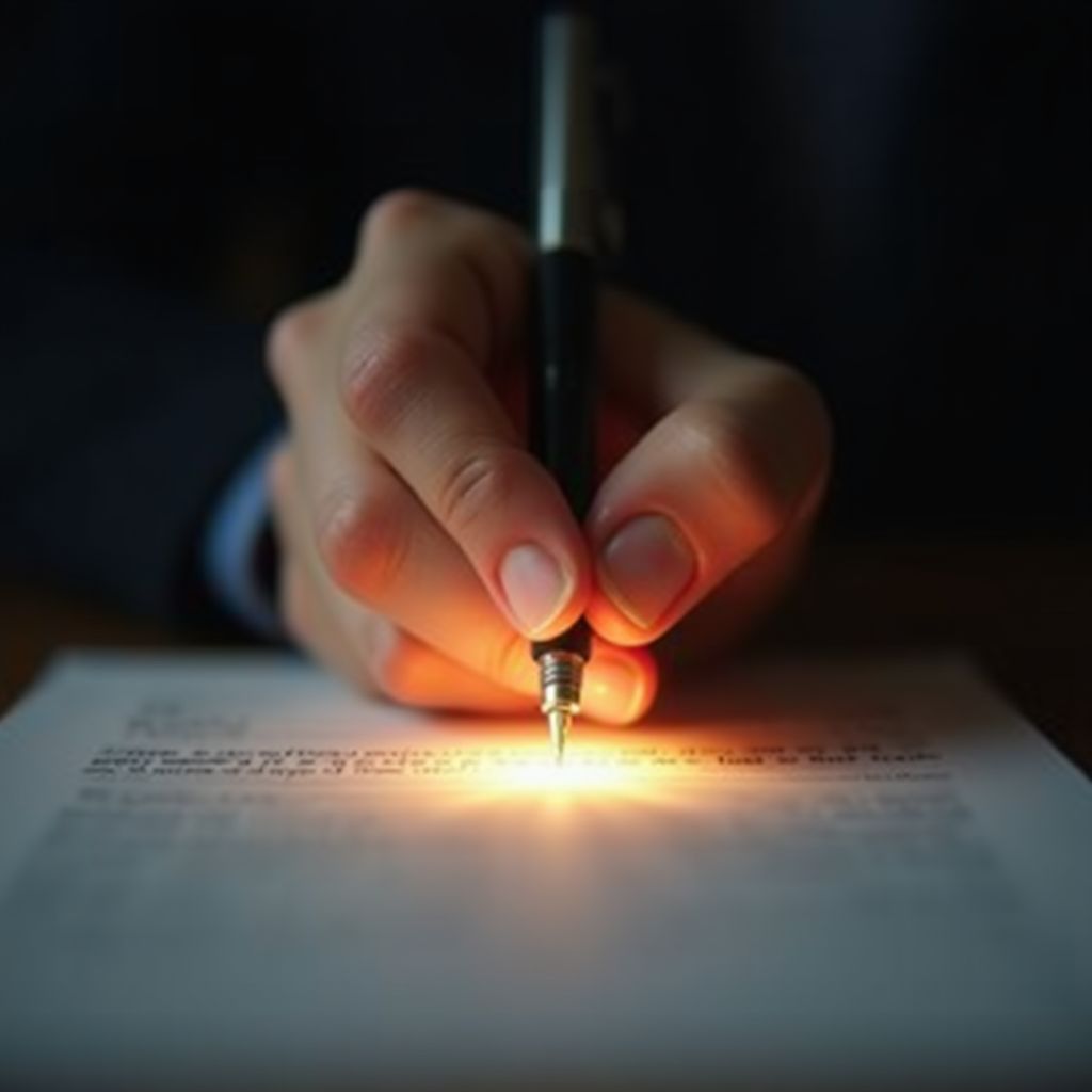 Mão do médium psicografando rapidamente com brilho sutil ao redor