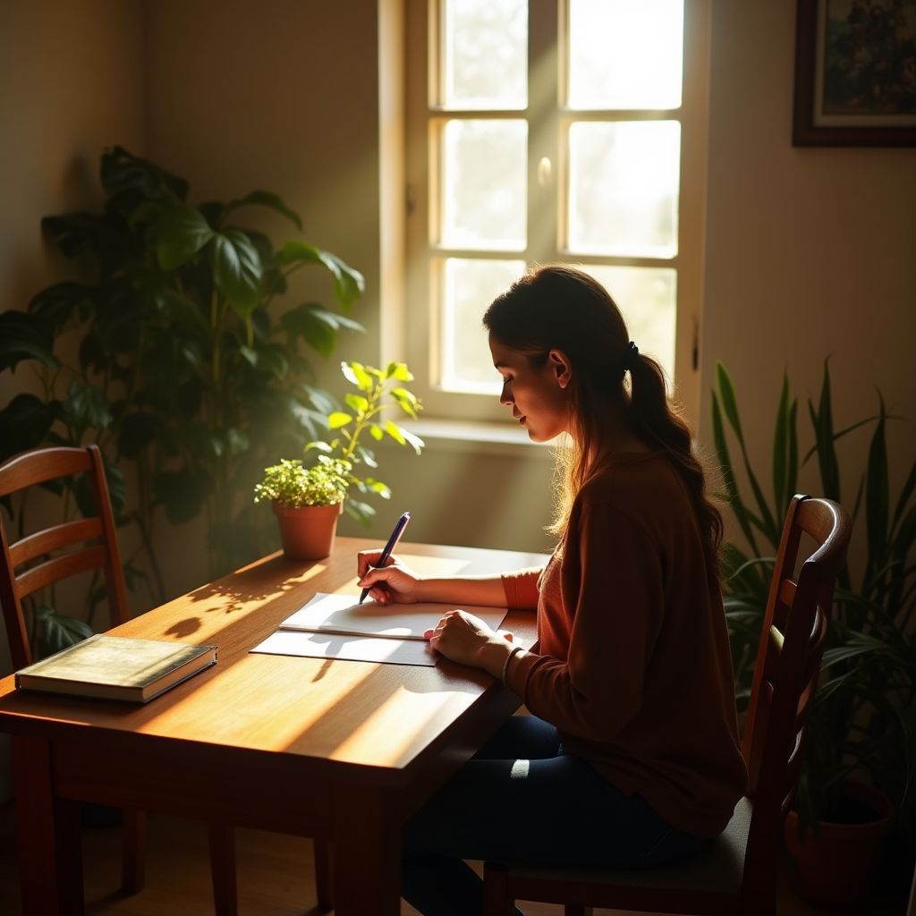 Mulher escreve uma carta em ambiente sereno com luz natural, representando o início de uma carta psicografada