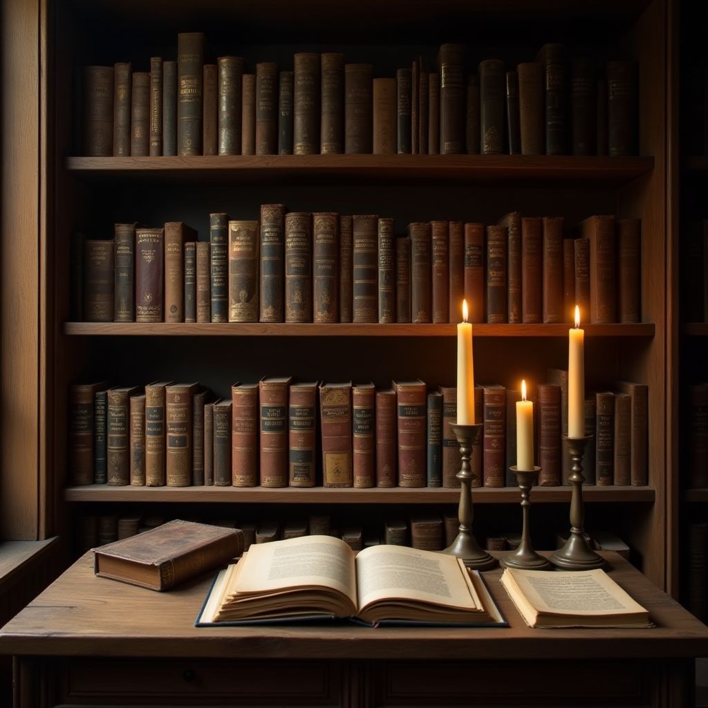 Estante com livros espíritas, cartas psicografadas e velas em ambiente de estudo