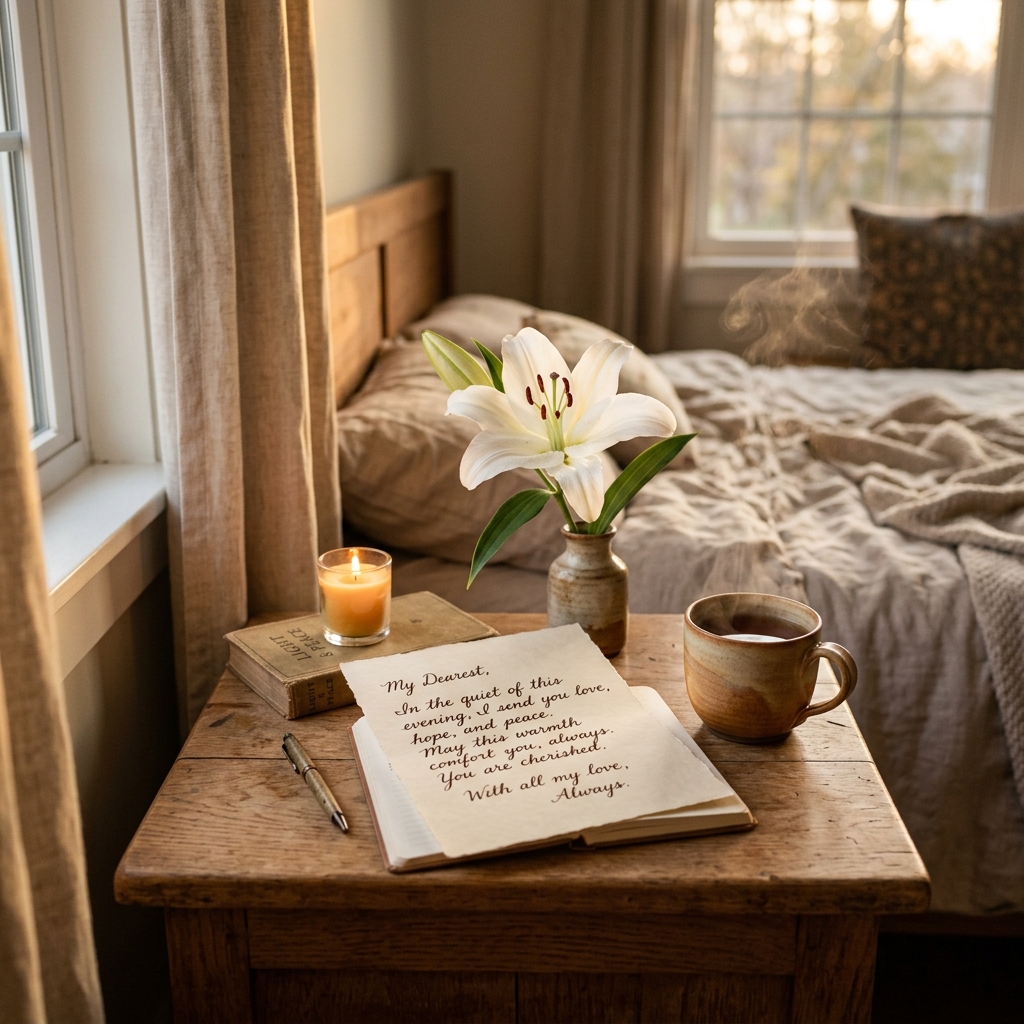 Mesa com carta reconfortante, chá quente e serenidade na atmosfera para acalmar o luto