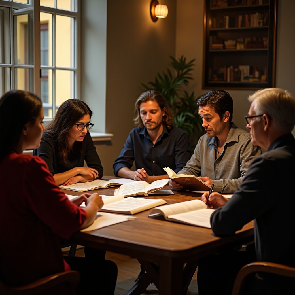Grupo espírita estuda doutrina e psicografia ao redor de mesa com livros e cartas