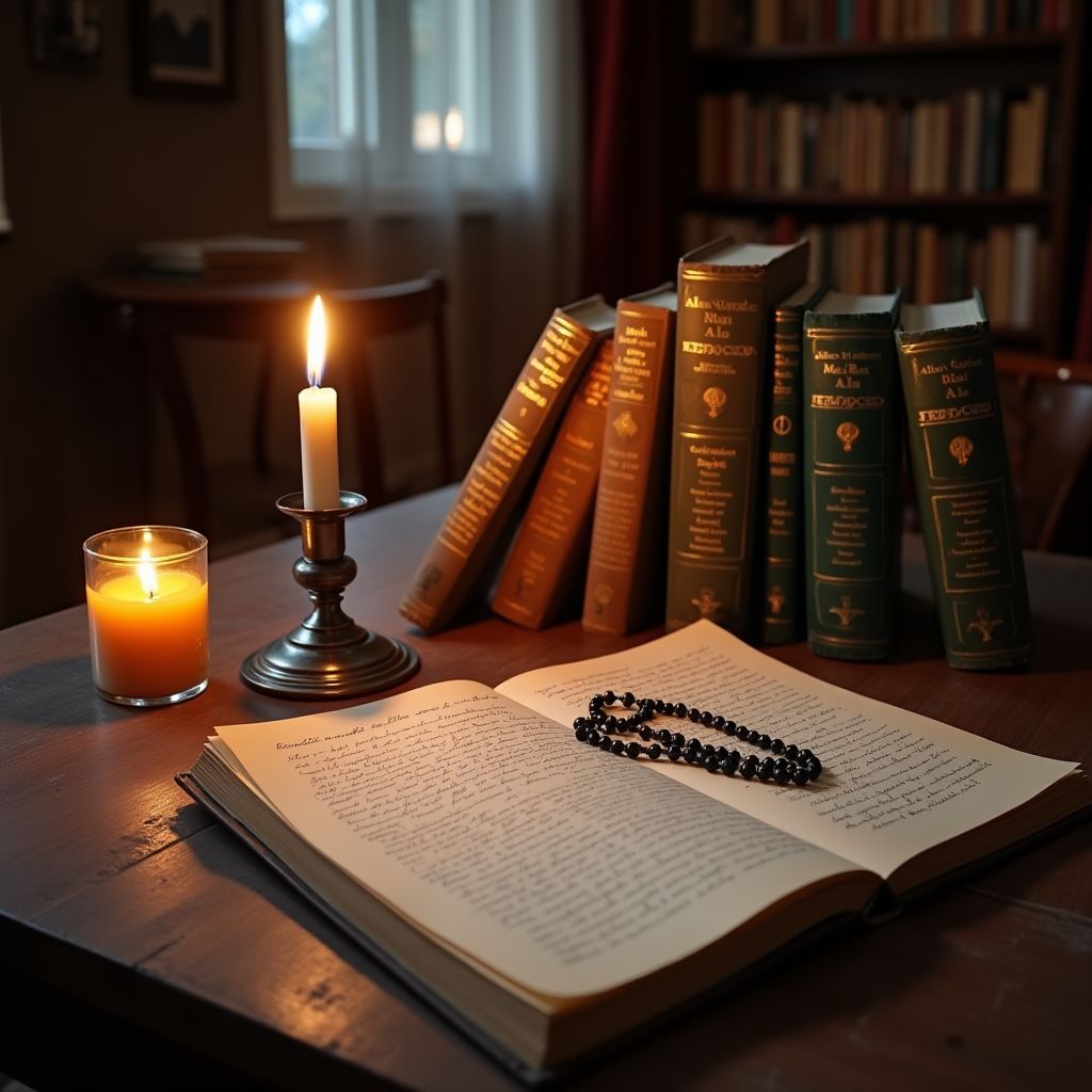 Mesa de estudos com livros de Allan Kardec, vela e cartas psicografadas espíritas