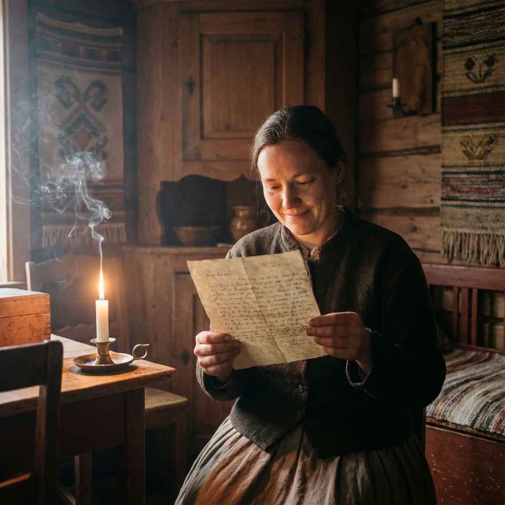 Pessoa segurando uma carta com vela acesa e expressão de paz